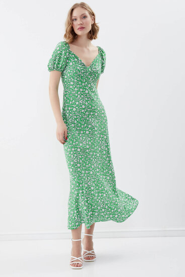 Viskon Balon Kol Çiçek Desen Elbise - 23