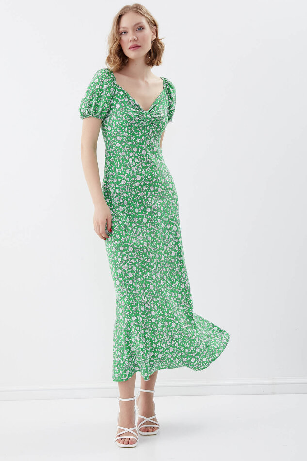 Viskon Balon Kol Çiçek Desen Elbise - 23