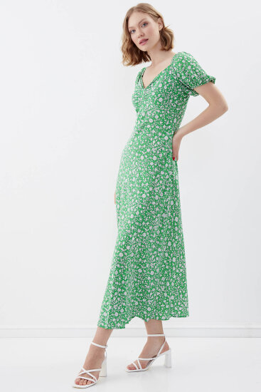 Viskon Balon Kol Çiçek Desen Elbise - 24