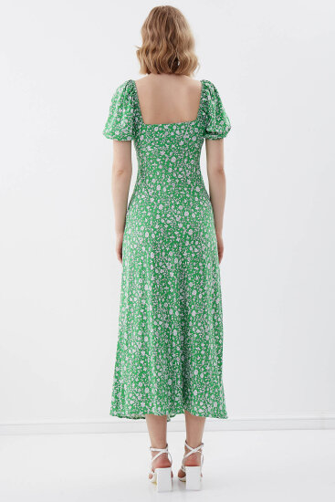 Viskon Balon Kol Çiçek Desen Elbise - 26