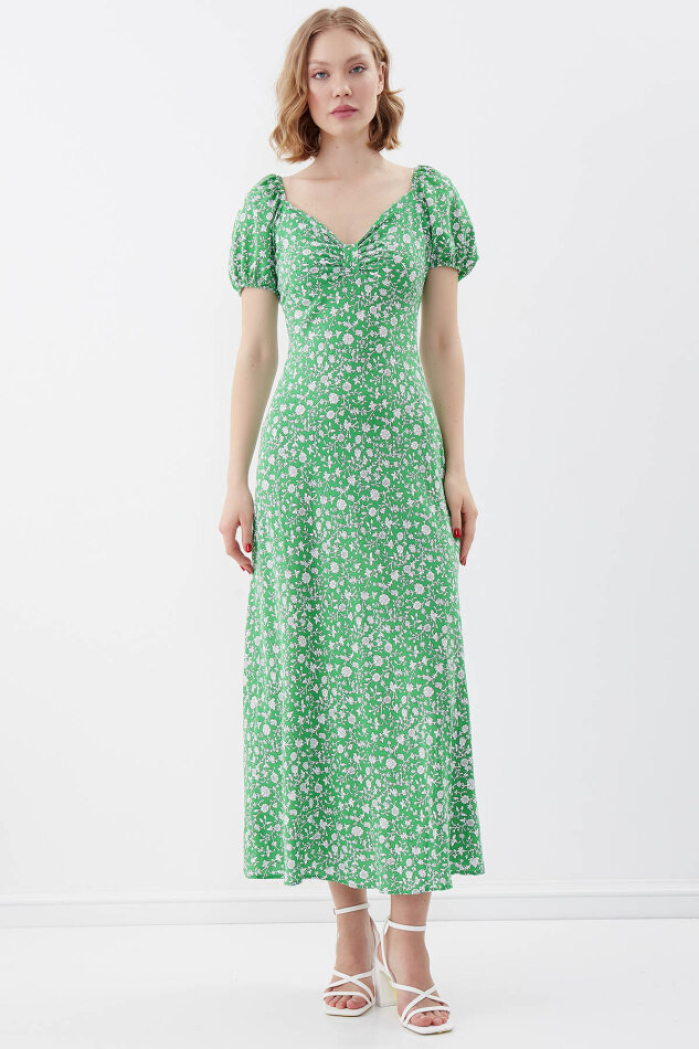 Viskon Balon Kol Çiçek Desen Elbise - 25