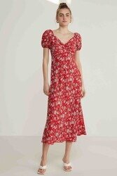 Viskon Balon Kol Çiçek Desen Elbise - 27