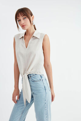 Viskon Keten Bağlamalı Gömlek - 36