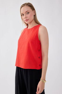 Viskon Keten Yanları Düğmeli Sıfır Kol Bluz (1)