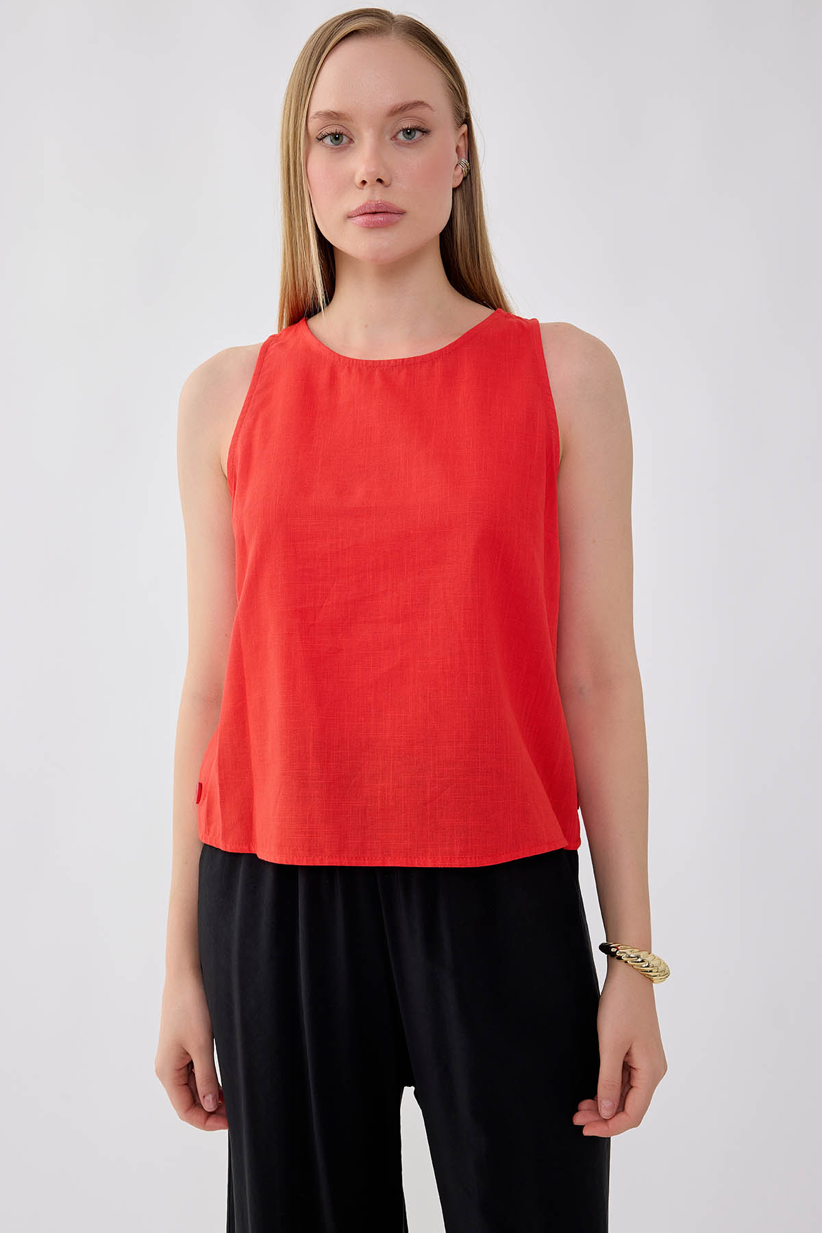 VİTRİN - Viskon Keten Yanları Düğmeli Sıfır Kol Bluz