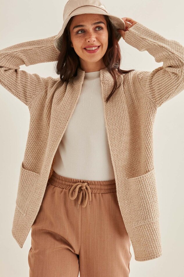 Yaka Cep Detaylı Triko Hırka - 8