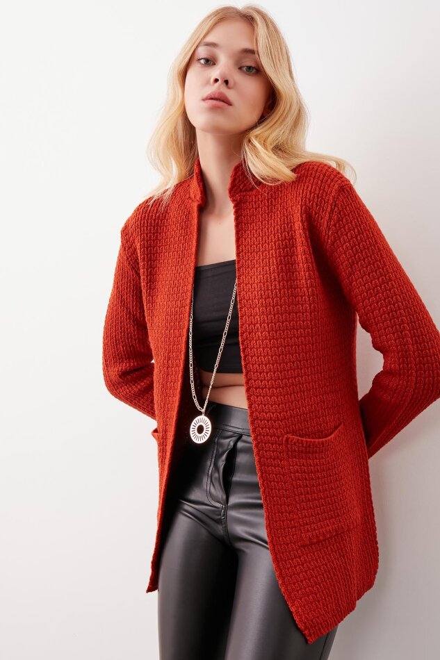 Yaka Cep Detaylı Triko Hırka - 4