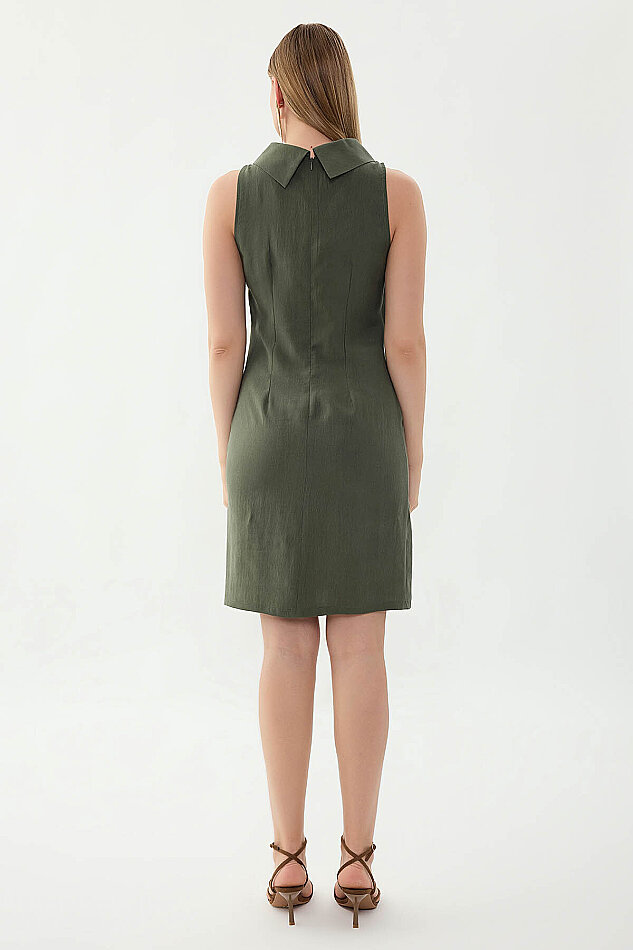 Yaka Detaylı Sıfır Kol Elbise - 19