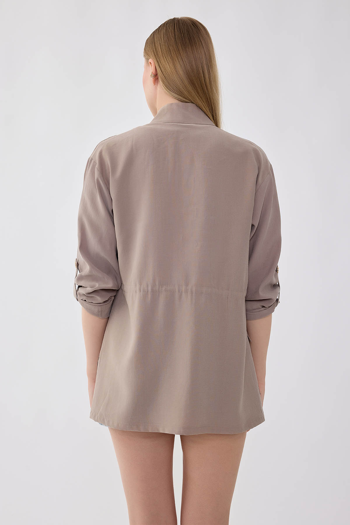 Yakalı Beli Büzgülü Kol Detaylı Ceket - Thumbnail