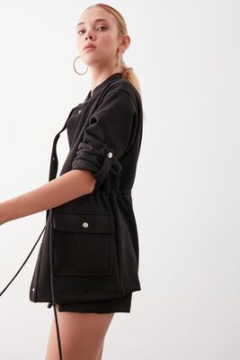 Yakalı Beli Büzgülü Kol Detaylı Süet Ceket - Thumbnail (10)