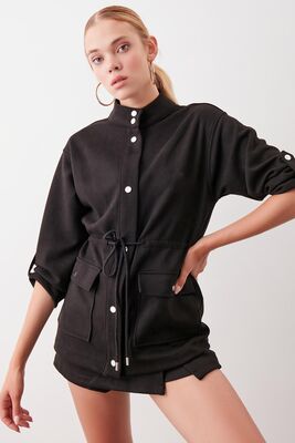 Yakalı Beli Büzgülü Kol Detaylı Süet Ceket - Thumbnail (11)