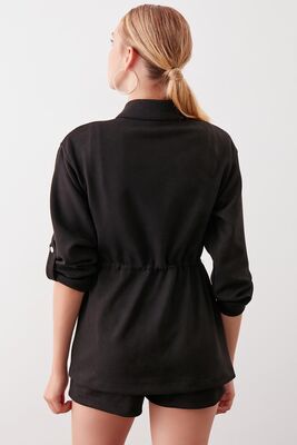 Yakalı Beli Büzgülü Kol Detaylı Süet Ceket - Thumbnail (12)