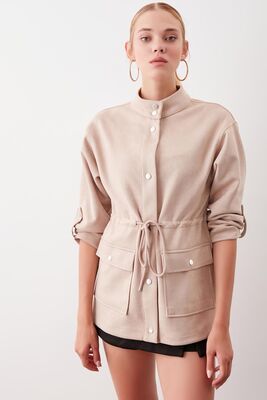 Yakalı Beli Büzgülü Kol Detaylı Süet Ceket - Thumbnail (14)