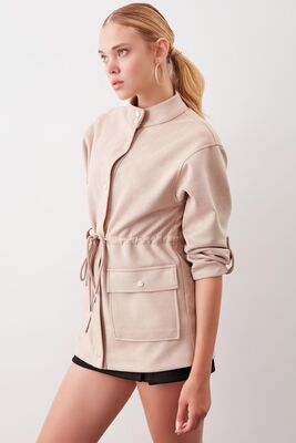 Yakalı Beli Büzgülü Kol Detaylı Süet Ceket - Thumbnail (15)