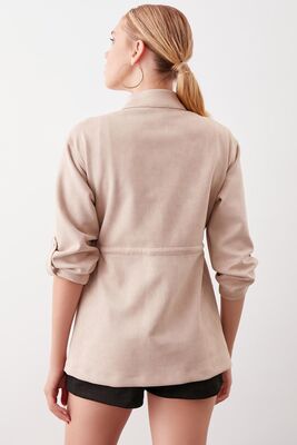 Yakalı Beli Büzgülü Kol Detaylı Süet Ceket - Thumbnail (16)