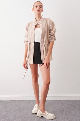 Yakalı Beli Büzgülü Kol Detaylı Süet Ceket - Thumbnail (17)