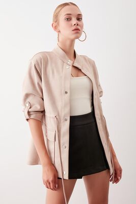 Yakalı Beli Büzgülü Kol Detaylı Süet Ceket - Thumbnail (18)