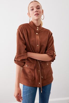 Yakalı Beli Büzgülü Kol Detaylı Süet Ceket - Thumbnail (19)