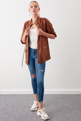 Yakalı Beli Büzgülü Kol Detaylı Süet Ceket - Thumbnail (21)