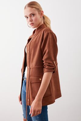 Yakalı Beli Büzgülü Kol Detaylı Süet Ceket - Thumbnail (22)