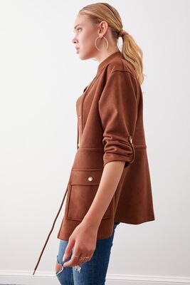 Yakalı Beli Büzgülü Kol Detaylı Süet Ceket - Thumbnail (23)