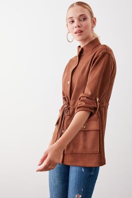 Yakalı Beli Büzgülü Kol Detaylı Süet Ceket - Thumbnail (24)