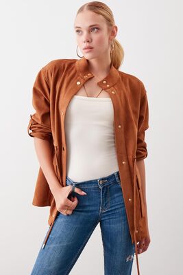 Yakalı Beli Büzgülü Kol Detaylı Süet Ceket - Thumbnail (26)