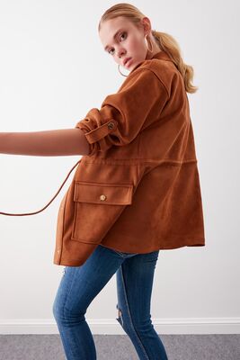 Yakalı Beli Büzgülü Kol Detaylı Süet Ceket - Thumbnail (27)