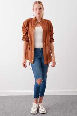 Yakalı Beli Büzgülü Kol Detaylı Süet Ceket - Thumbnail (29)