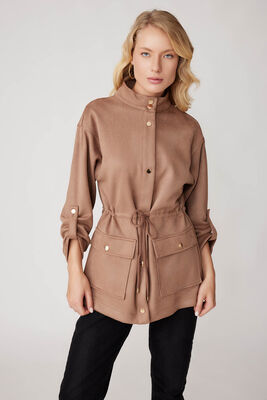 Yakalı Beli Büzgülü Kol Detaylı Süet Ceket - Thumbnail (4)