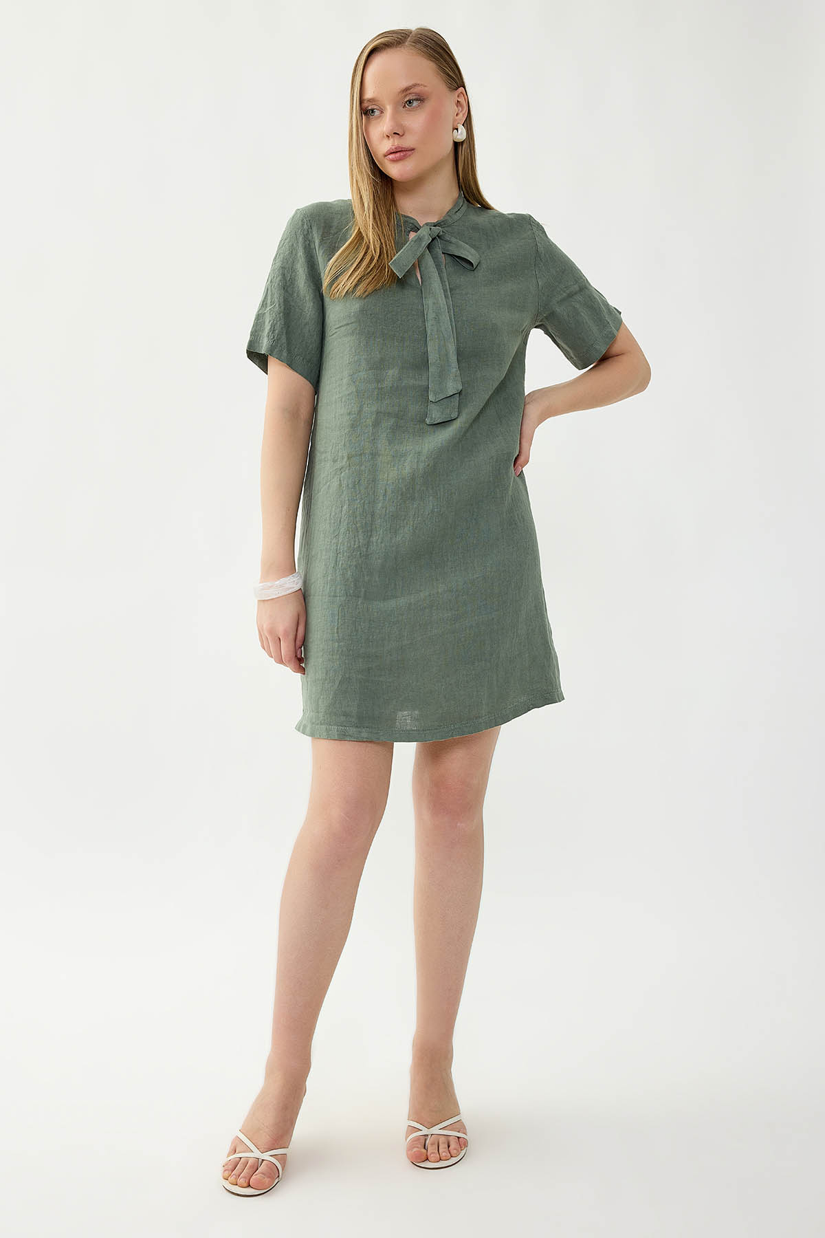 %100 Keten Yakası Bağlamalı Kısa Kol Elbise - Thumbnail