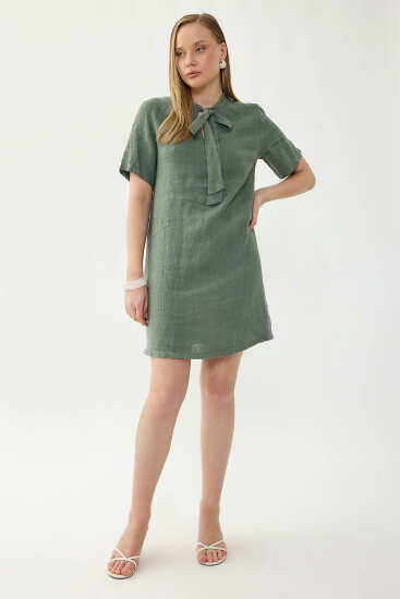 %100 Keten Yakası Bağlamalı Kısa Kol Elbise - 11