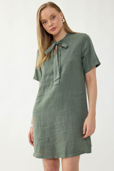 %100 Keten Yakası Bağlamalı Kısa Kol Elbise - 12