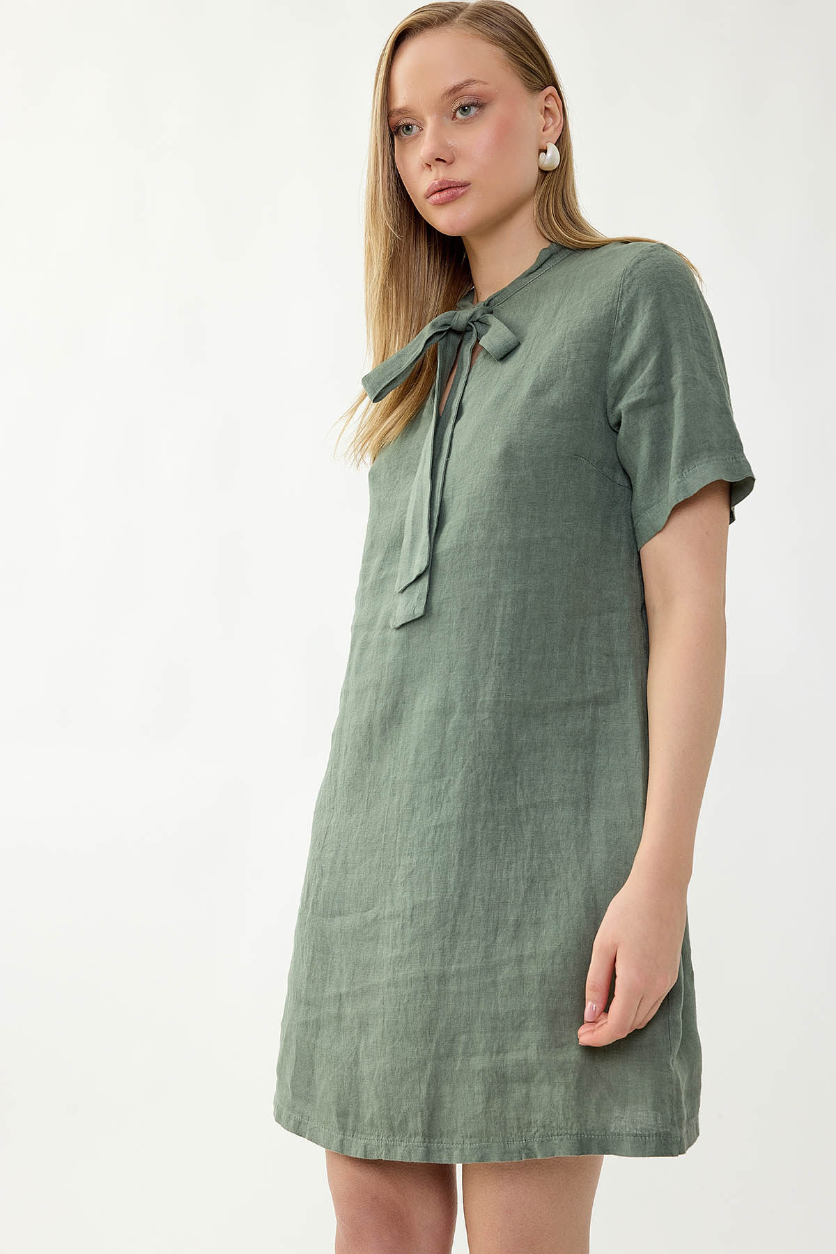 %100 Keten Yakası Bağlamalı Kısa Kol Elbise - Thumbnail