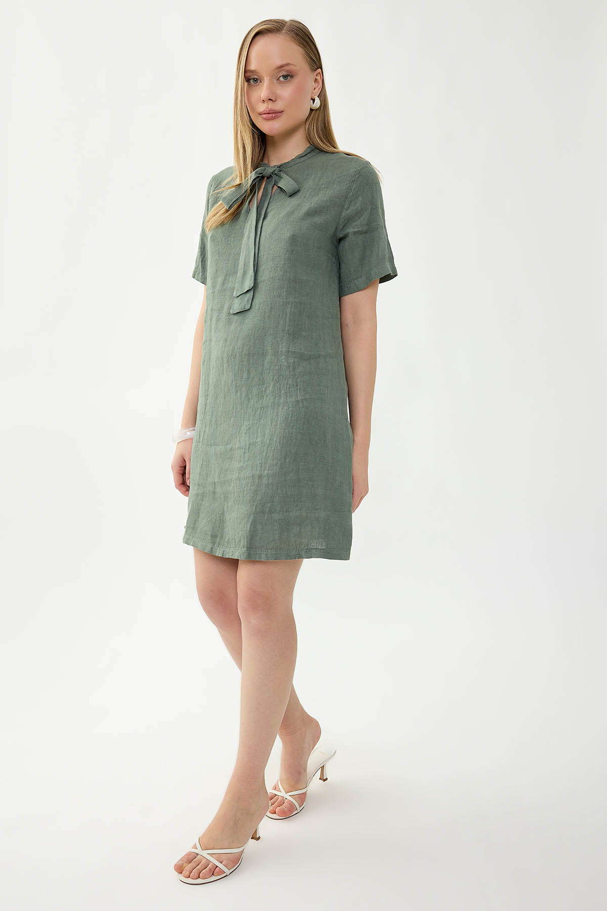 %100 Keten Yakası Bağlamalı Kısa Kol Elbise - Thumbnail