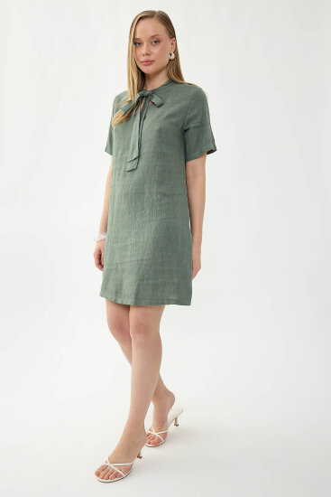 %100 Keten Yakası Bağlamalı Kısa Kol Elbise - 15