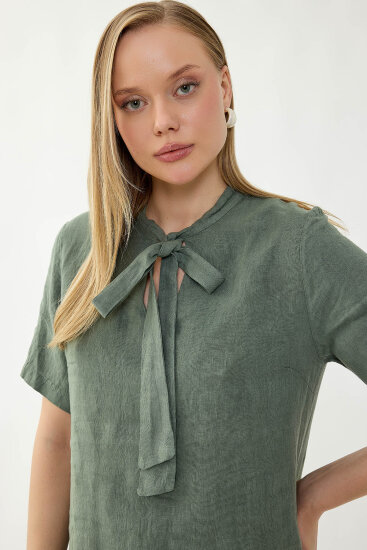 %100 Keten Yakası Bağlamalı Kısa Kol Elbise - 16