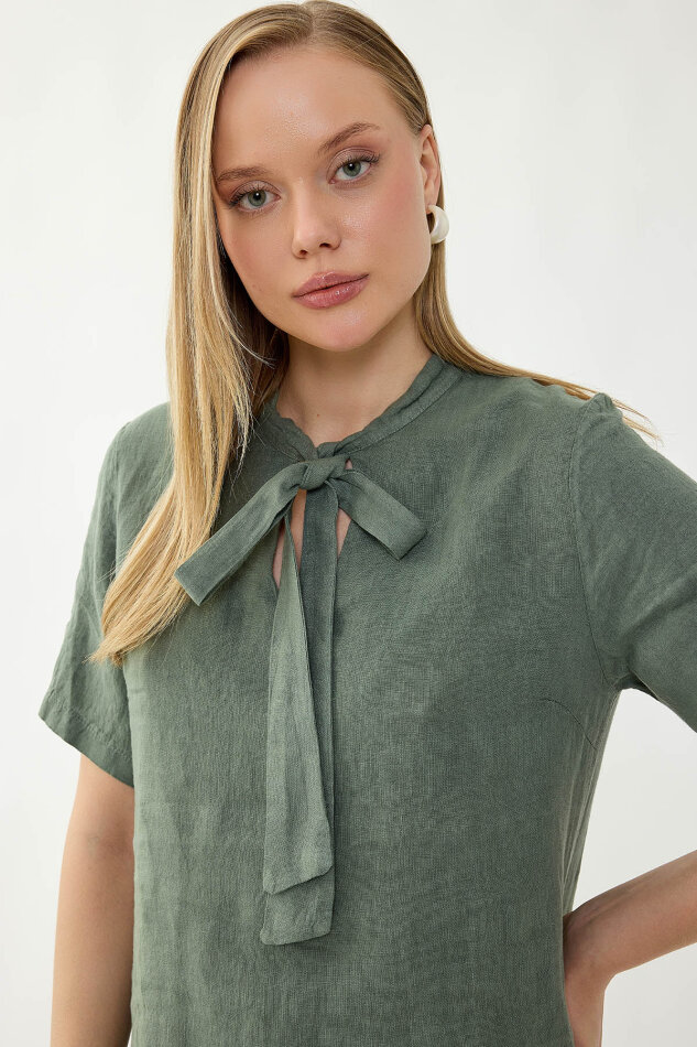 %100 Keten Yakası Bağlamalı Kısa Kol Elbise - 16