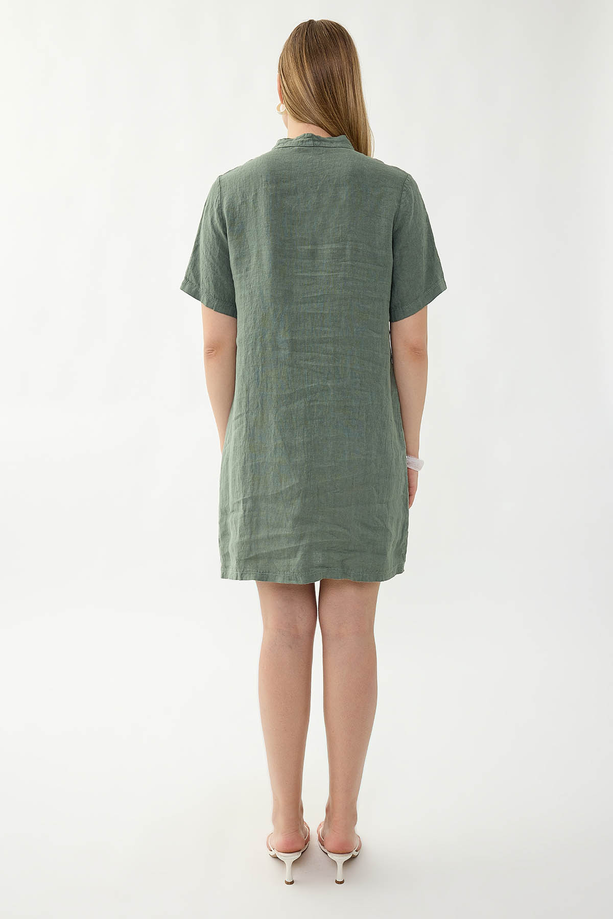 %100 Keten Yakası Bağlamalı Kısa Kol Elbise - Thumbnail