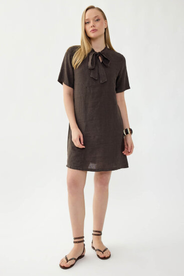 %100 Keten Yakası Bağlamalı Kısa Kol Elbise - 5