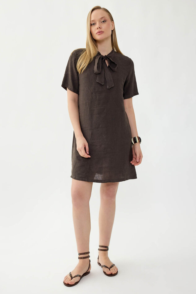 %100 Keten Yakası Bağlamalı Kısa Kol Elbise - 5