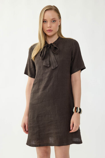 %100 Keten Yakası Bağlamalı Kısa Kol Elbise - 7