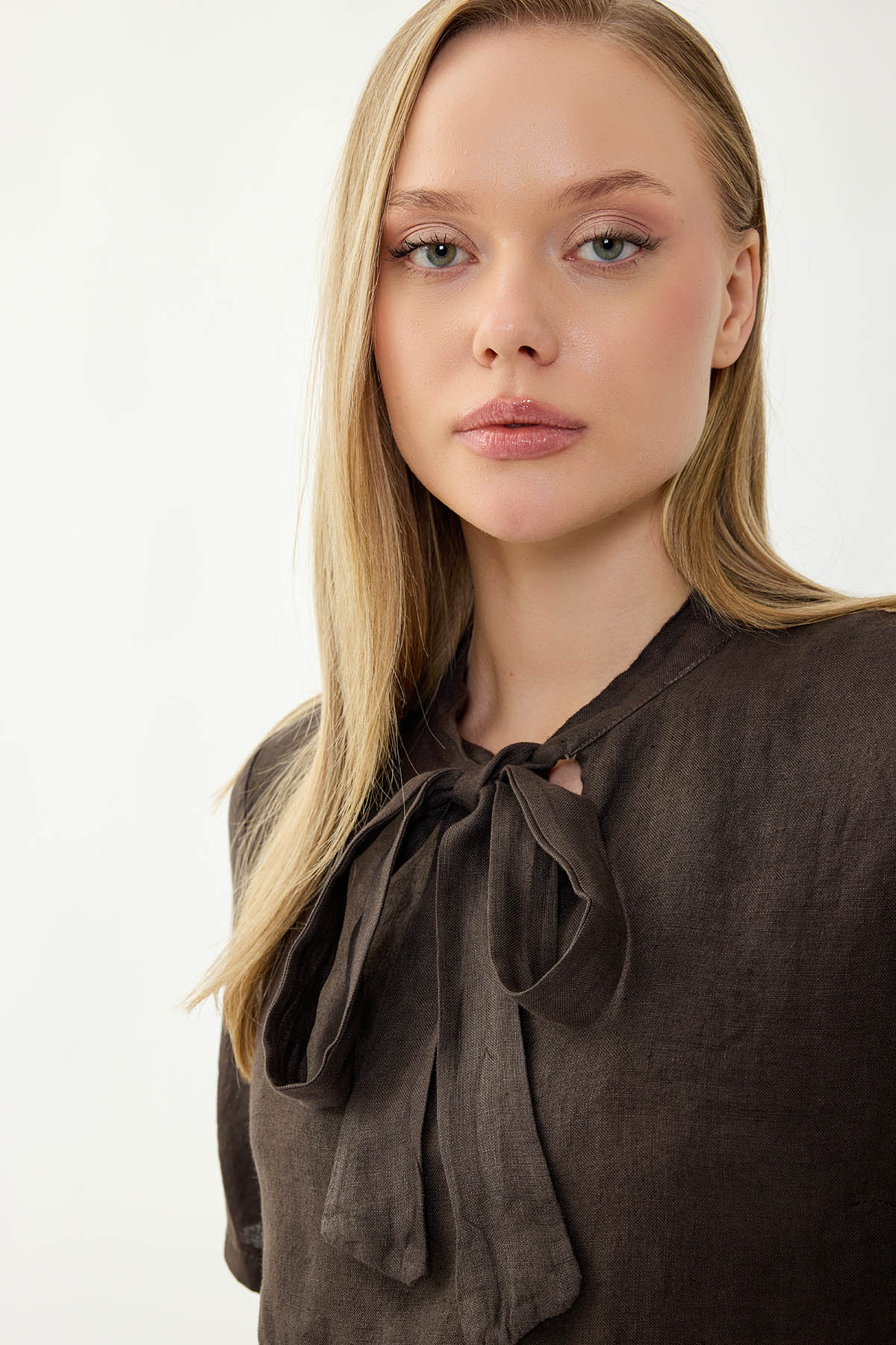 %100 Keten Yakası Bağlamalı Kısa Kol Elbise - Thumbnail