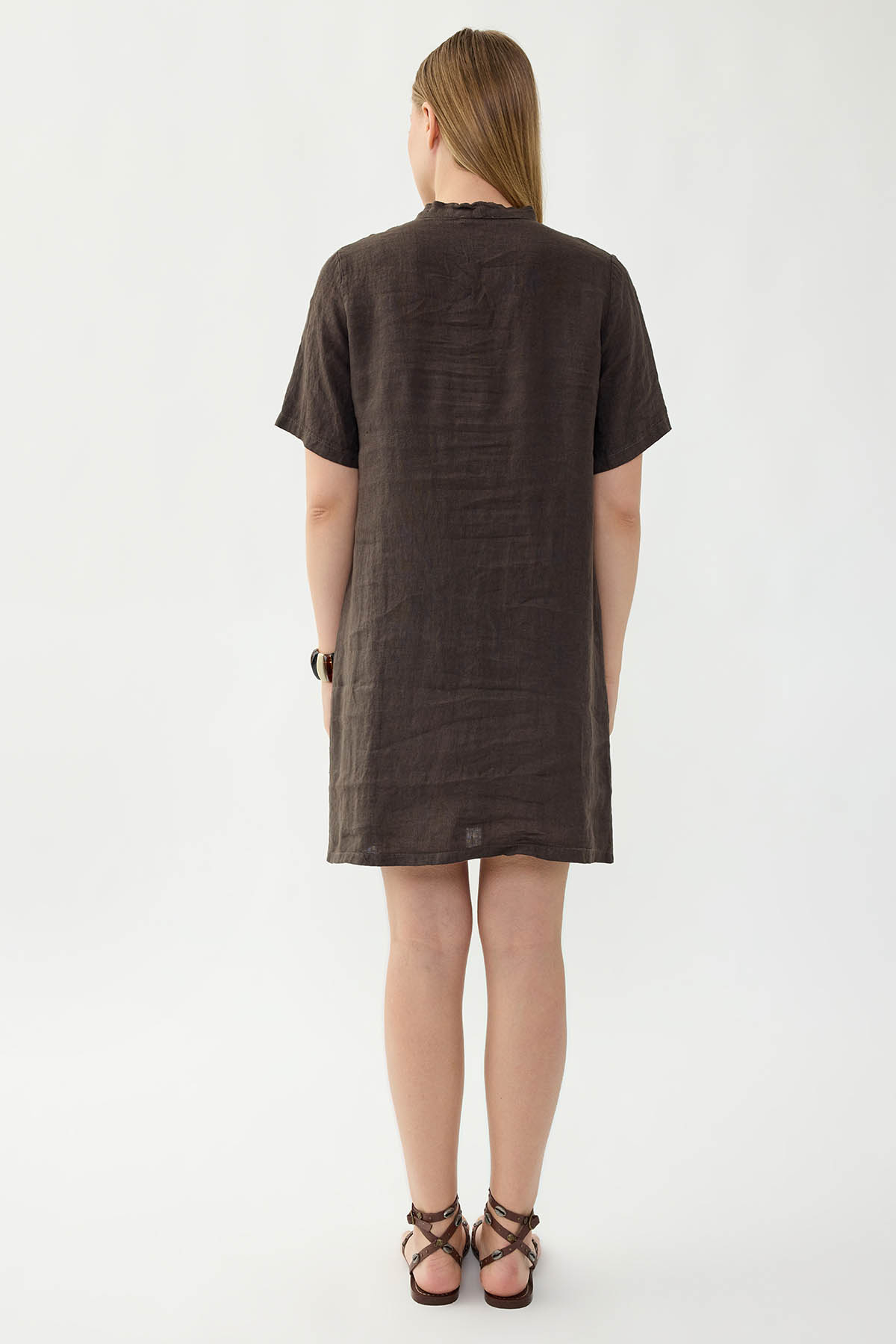 %100 Keten Yakası Bağlamalı Kısa Kol Elbise - Thumbnail