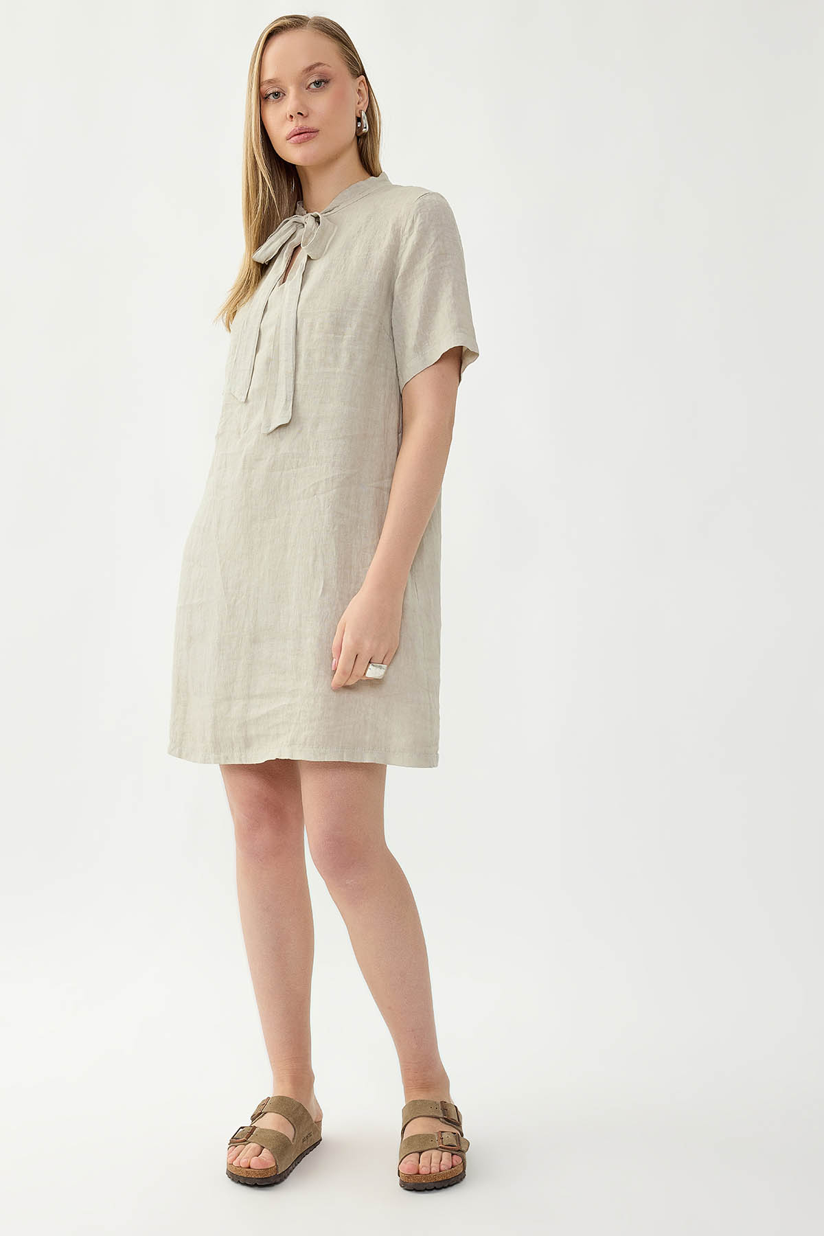 %100 Keten Yakası Bağlamalı Kısa Kol Elbise - Thumbnail