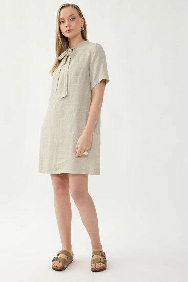 %100 Keten Yakası Bağlamalı Kısa Kol Elbise - 19