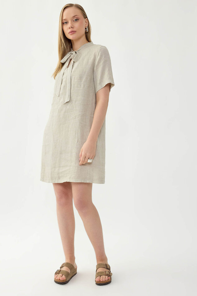 %100 Keten Yakası Bağlamalı Kısa Kol Elbise - 19