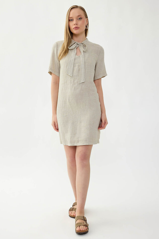 %100 Keten Yakası Bağlamalı Kısa Kol Elbise - 20