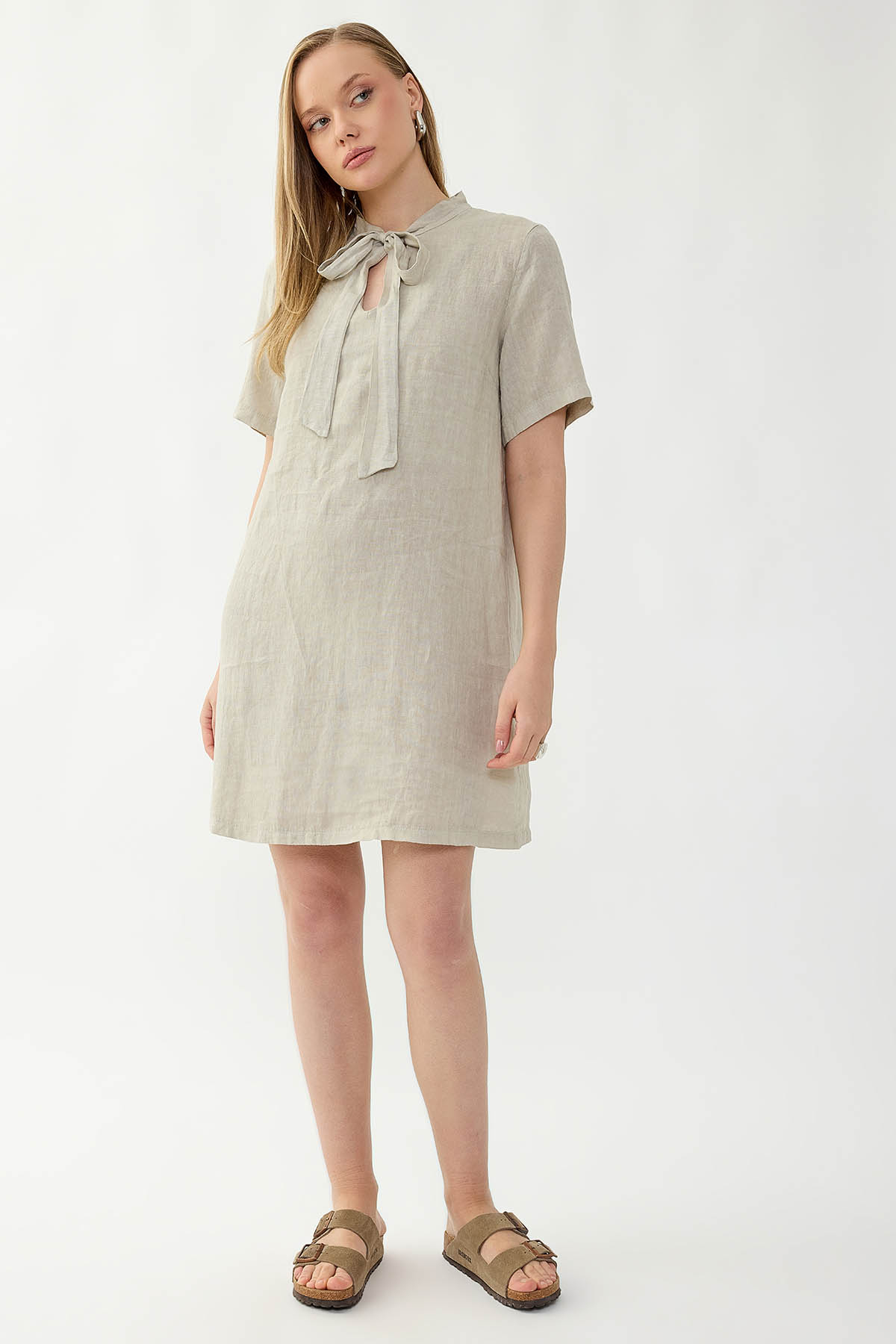 %100 Keten Yakası Bağlamalı Kısa Kol Elbise - Thumbnail