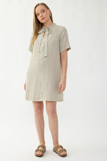 %100 Keten Yakası Bağlamalı Kısa Kol Elbise - 22